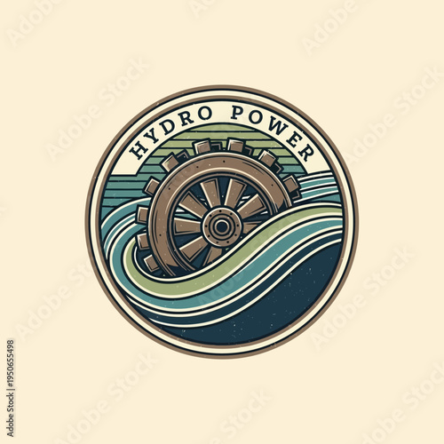 Modern Hydro Power logo with a mechanical gear or turbine immersed in swirling water, representing efficient energy generation on a light cream background.