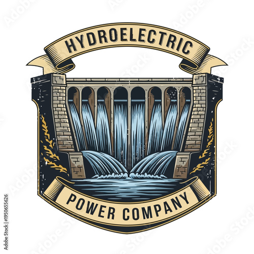 Classic Hydroelectric Power Company logo depicting a traditional dam with water flowing, set against a light cream background.