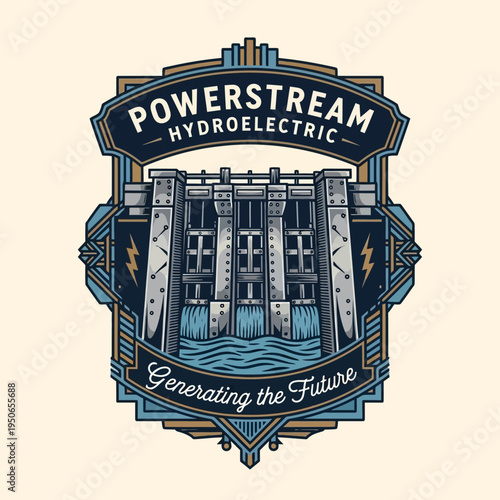 Elaborate Powerstream Hydroelectric logo with a detailed dam and flowing water, highlighting future clean energy on a light cream background.