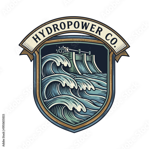 Hydropower Company Emblem with Hydroelectric Dam and Turbulent Water Waves in Bright Studio