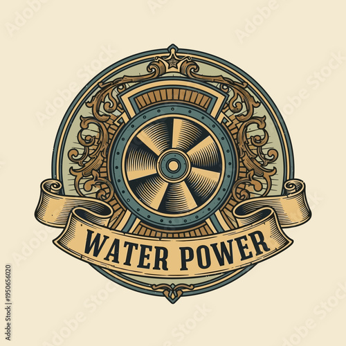 Water Power Turbine Emblem with Gears and Scroll Banner in Bright Studio