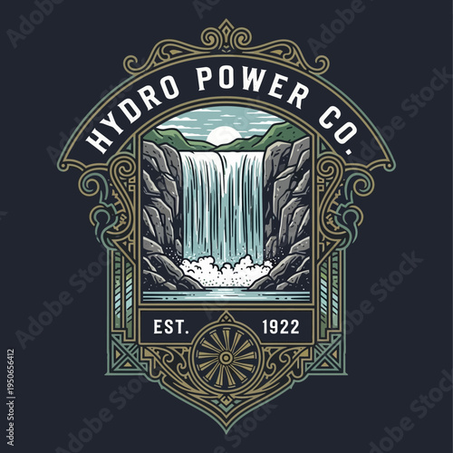 Vintage Hydro Power Co. Waterfall Emblem in Rocky Landscape, detailed crest on a dark background.