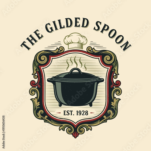 Vintage Chef's Hat and Steaming Cooking Pot Emblem, Ornate Restaurant Logo with Established Date