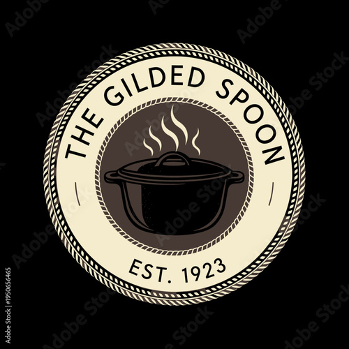 Vintage The Gilded Spoon restaurant logo with steaming cooking pot and establishment date on a solid black background.