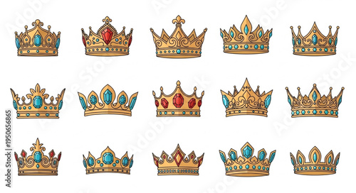 Collection of ornate golden crowns with precious jewels.
