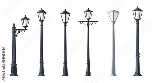 Collection of Six Different Street Lamp Posts Isolated on White Background.