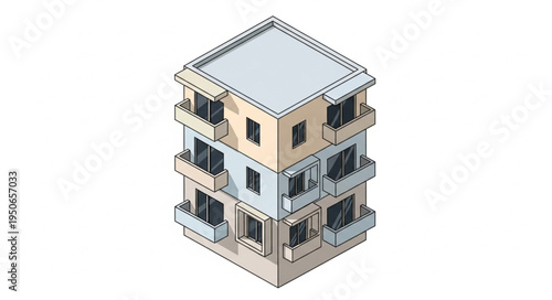 Modern Apartment Building with Balconies and Flat Roof.