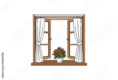 Charming illustration of a rustic wooden window frame opened wide revealing bright daylight with white tied curtains and a potted flowering plant on the sill on transparent background