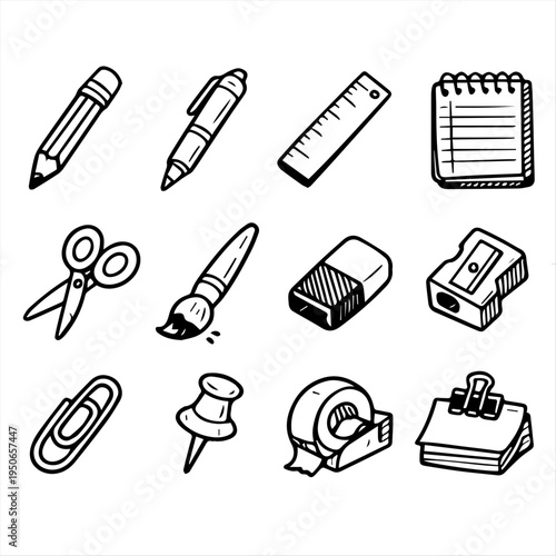 stationary,con, vector, illustration, set, icons, tool, symbol, tools, pencil, design, pattern, pen, brush, seamless, scissors, equipment, paint, medical, cartoon, stationery, collection, work, school
