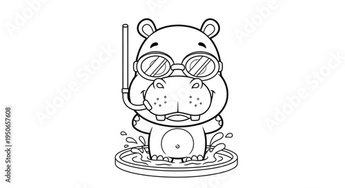 Whimsical Cartoon Hippo Snorkeling in a Pond with Lilypads.