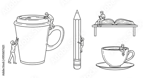 Whimsical line art sequence showing oversized coffee mug, pencil, pen, lamp and teacup in a minimalist desk setup.