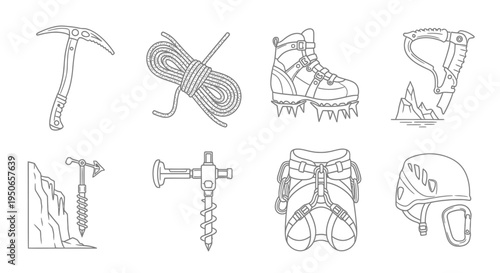 Illustrated collection of mountaineering gear and climbing equipment.