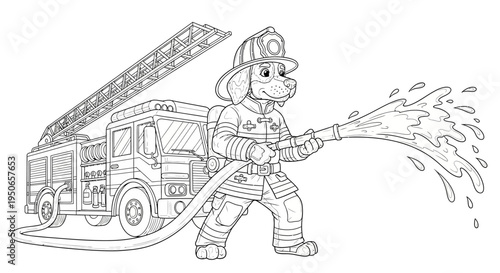 Line drawing of a firefighter spraying water from a hose beside a fire truck.