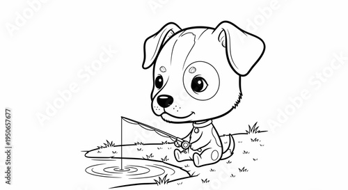 Cute playful cartoon puppy splashing in a puddle with a bone.