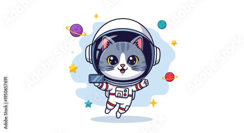 Cartoon Kitten in Space Suit Floating Among Stars.
