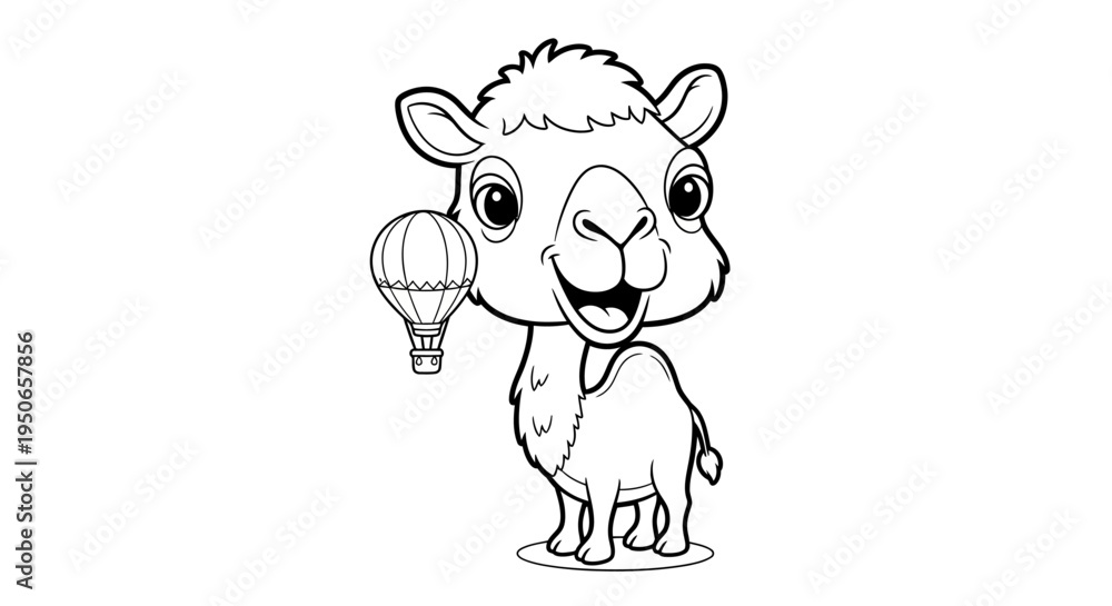 Fototapeta premium Cute cartoon baby llama holding a balloon in its hoof.