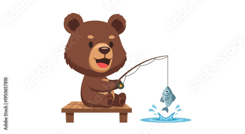 Cute Cartoon Bear Fishing on a Wooden Bench by a Calm Lake.