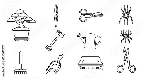 Collection of gardening and plant care icons featuring bonsai pot, tools and garden objects.