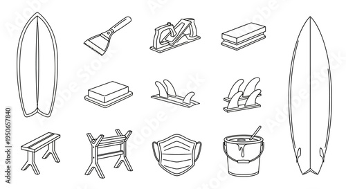Collection of line art icon illustrations showing workshop tools and surfboards.