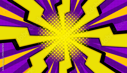 Obraz na płótnie Sunbeam thunder flash purple yellow comic book with halftone modern abstract bac
