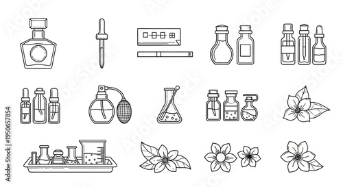 Line Art Icons of Bottles, Beakers, Lab Equipment, and Floral Beauty Products.