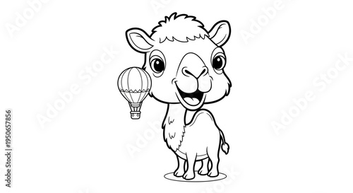 Cute cartoon baby llama holding a balloon in its hoof.