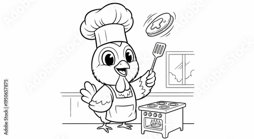Playful cartoon chicken chef cooking in the kitchen scene.