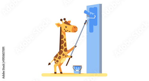Playful giraffe cleaning a tall blue streetlight with a long-handled brush in a cartoon scene.