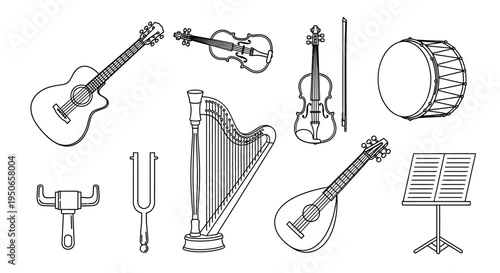 Collection of Various Musical Instruments Montage with Sheet Music Stand.