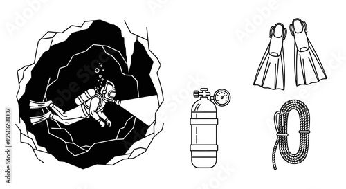 Person Exploring a Cave Using Rope and Gear for Spelunking Adventure with Bottle and Whistle.