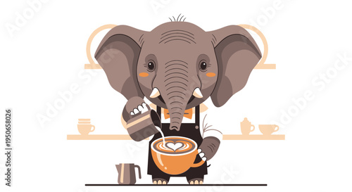 Playful cartoon elephant barista serving coffee behind a cozy cafe counter.