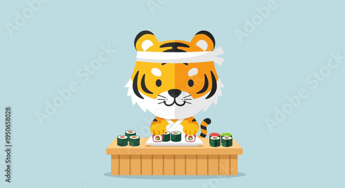 Playful tiger vendor at a market stall serving colorful sushi and snacks.