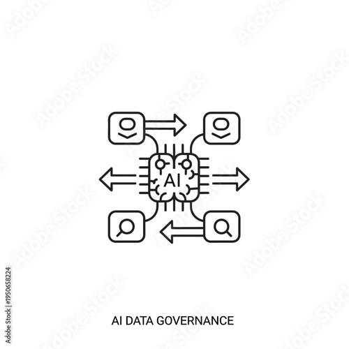 Conceptual illustration of AI data governance, showing a central AI chip connected to various data input and output nodes, representing control and management of artificial intelligence systems.