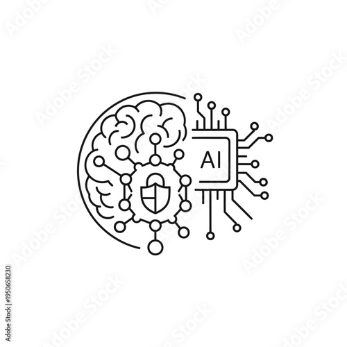 Abstract illustration of artificial intelligence and cybersecurity, merging a human brain with a microchip and a shield icon.