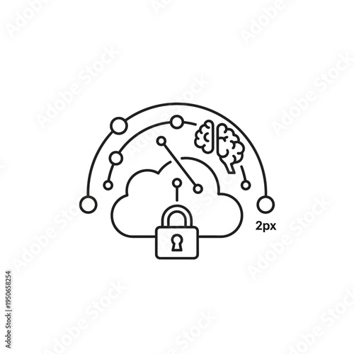 Cloud computing security and artificial intelligence integration with a locked cloud and brain icon.