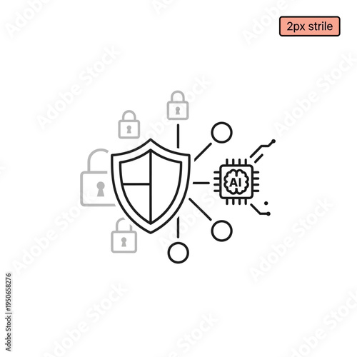 Cybersecurity shield protected by artificial intelligence and connected to multiple digital locks, representing data security and AI-driven protection.