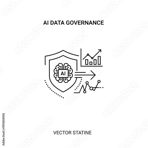 AI Data Governance: Shielded AI brain with data analytics and growth charts, representing secure and managed artificial intelligence.