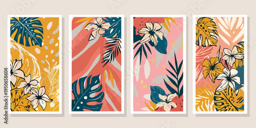 Four botanical wall art panels with tropical leaves and flowers