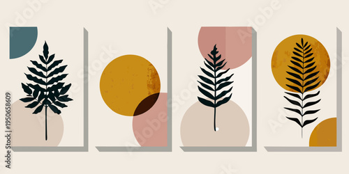 Abstract botanical shapes in muted tones create a modern art piece