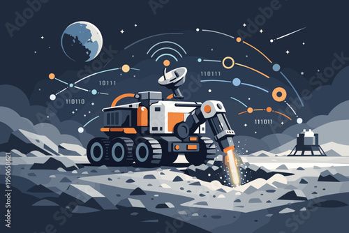 Autonomous Lunar Mining Rover with Satellite Navigation Extracting Resources on Moon Surface Illustration