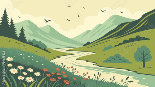 Bright River Valley Mountain Panorama Nature Vector Landscape