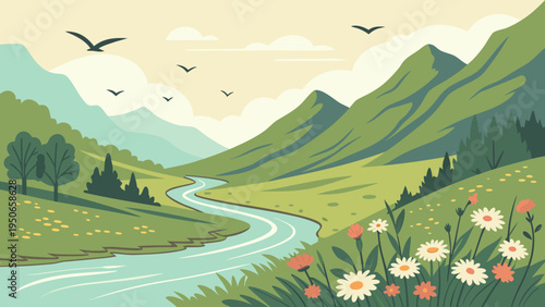 Bright River Valley Mountain Panorama Nature Vector Landscape