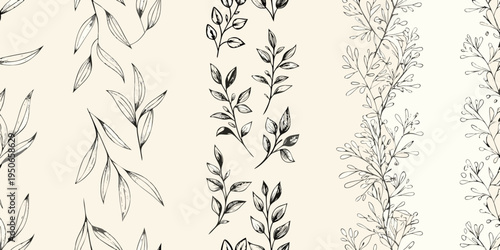 Delicate botanical illustration featuring sketched branches and leaves on cream