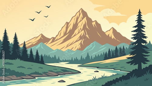 Bright Mountain Lake Sunrise Panorama Landscape Vector Illustration