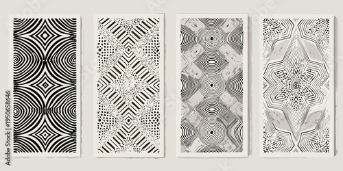 Four abstract optical illusion panels in black and white tones