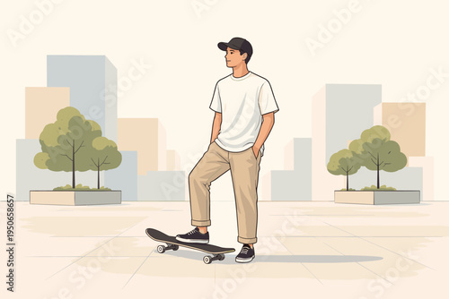 Young Man Skateboarding in Urban City Park – Casual Lifestyle and Street Activity Illustration