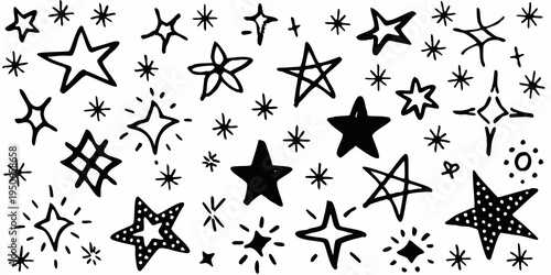 A dense scattering of hand drawn black stars and sparkling starburst shapes