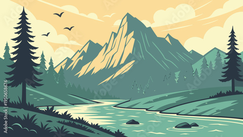 Bright Mountain Lake Sunrise Panorama Landscape Vector Illustration