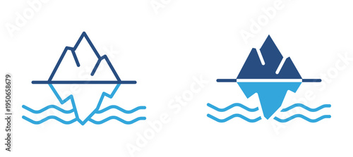 Iceberg icon set. Mountain above and below water, hidden risk, danger and business problem concept. Vector illustration.