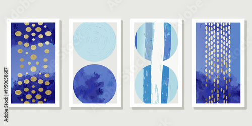 Abstract blue and gold artwork featuring geometric patterns in four panels